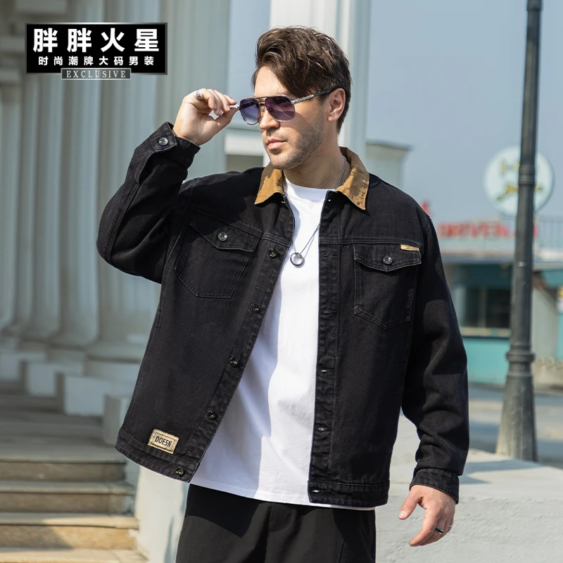 胖胖火星大码男装拼色工装底特律翻领牛仔夹克美式复古宽松外套男