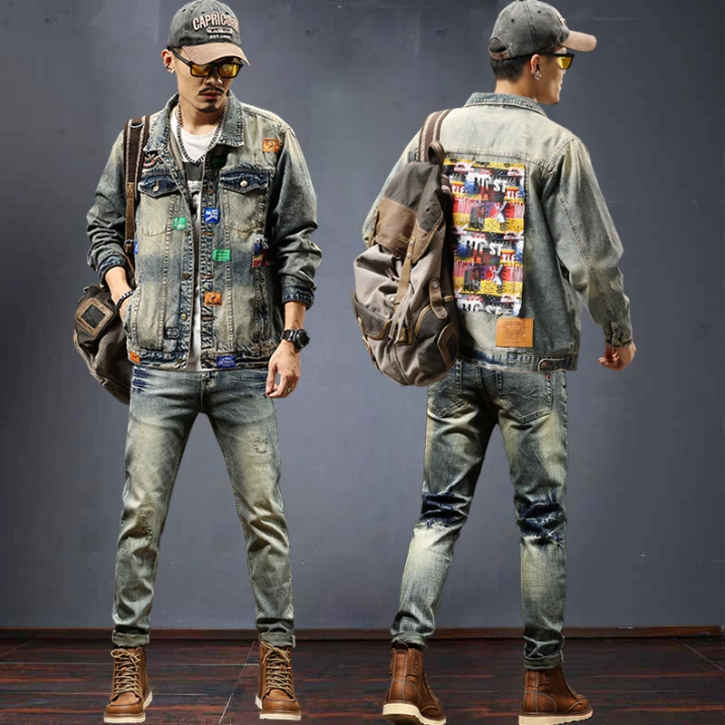 春秋季男士牛仔套装韩版章仔两件套修身衣服复古蓝外套怀旧夹克潮