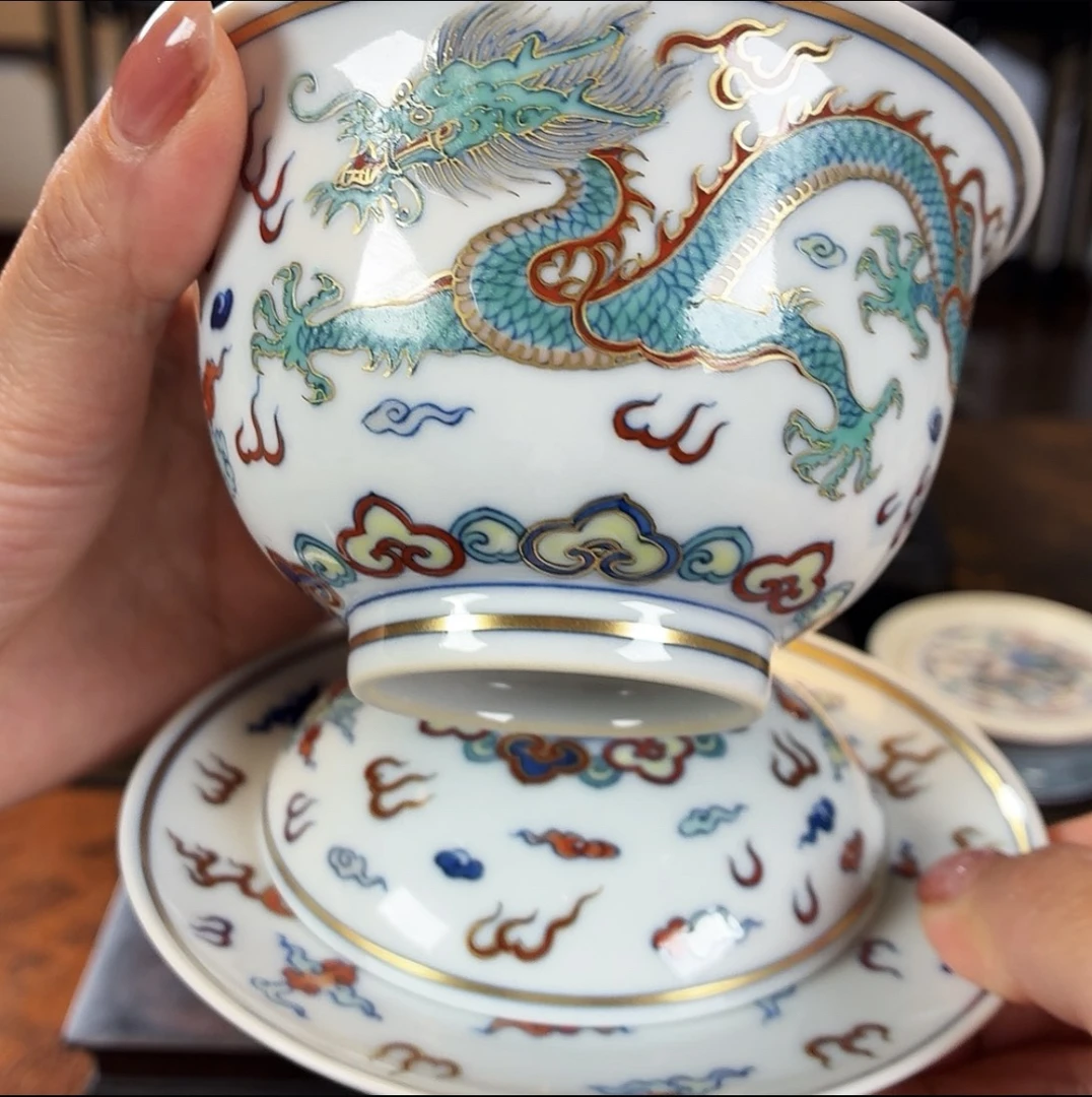 涂杏花描金龙凤三才盖碗