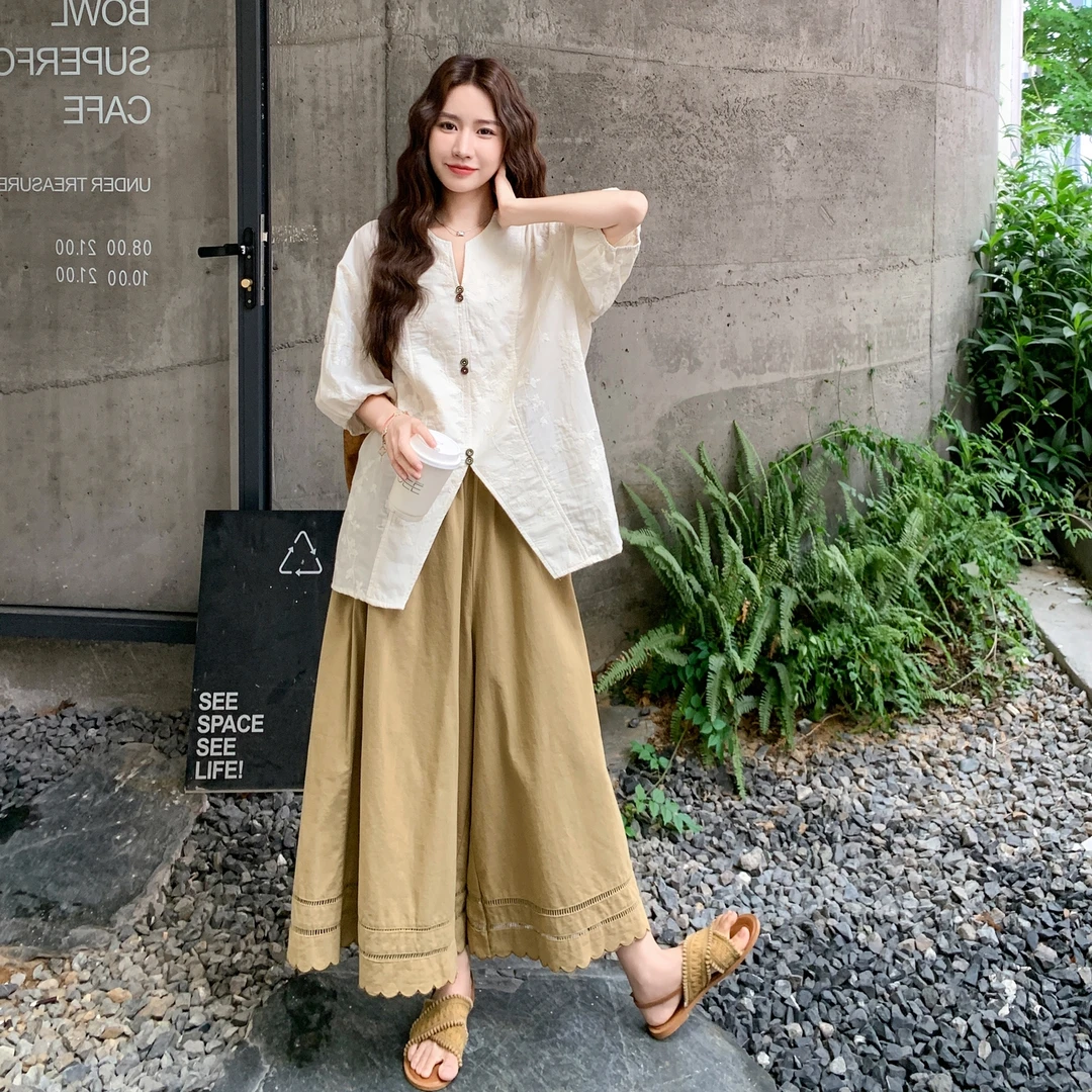 松弛感穿搭套装裤女2025夏季新款简约休闲风开叉上衣阔腿裤两件套