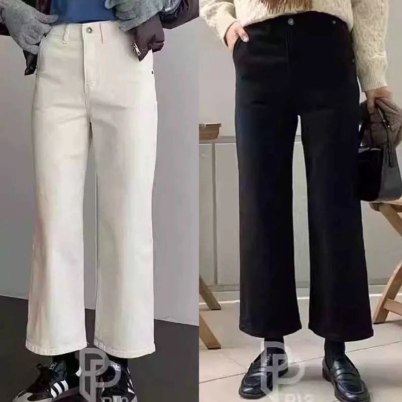 韩国东大门  冬季加绒高腰松紧小阔腿裤九分直筒百搭牛子裤