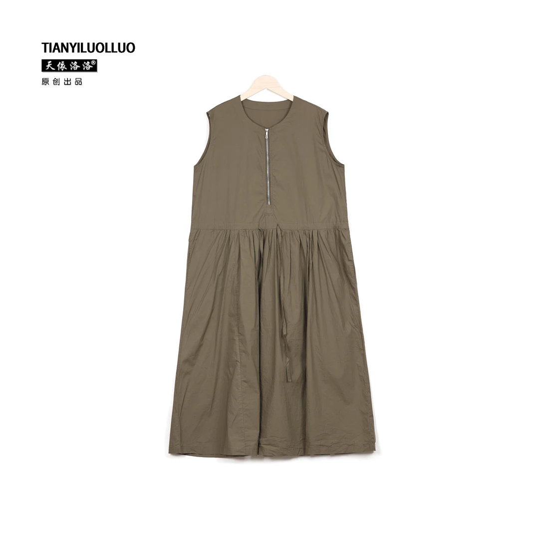 【天依洛洛】21256 宽松气质时尚百搭休闲拉链无袖连衣裙