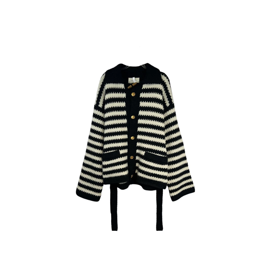 99新 GUCCI/古驰 012428  金扣条纹腰带毛衣外套 XS码