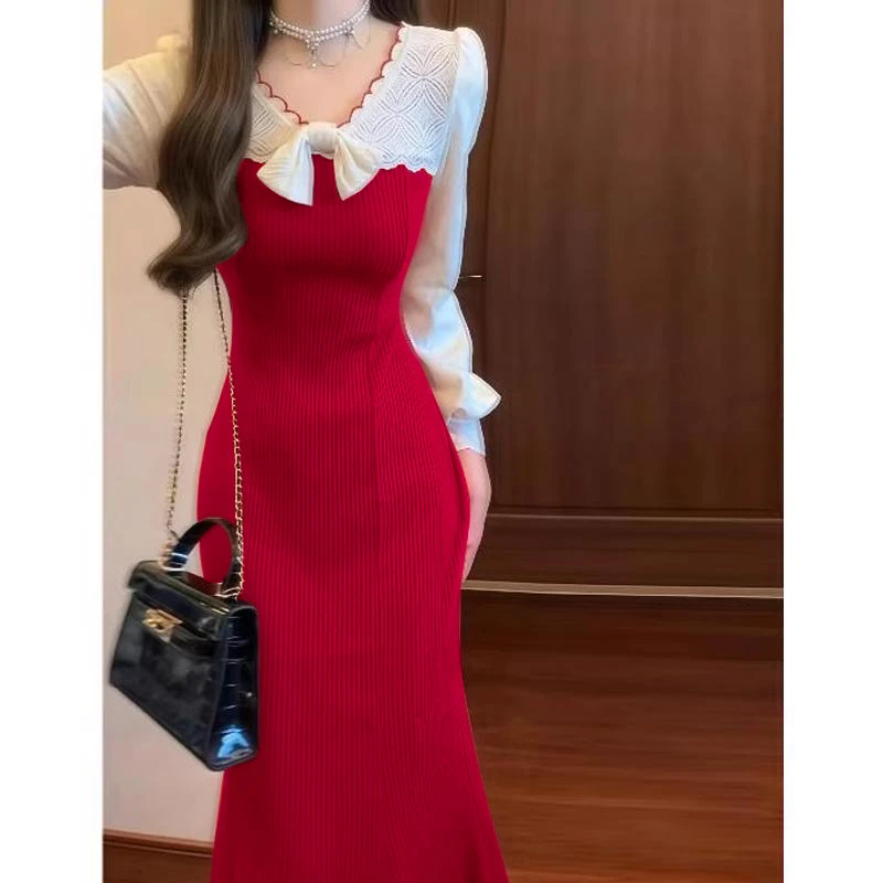 2025新年圣诞红色连衣裙新款长裙针织鱼尾裙裙子伴娘裙女2978