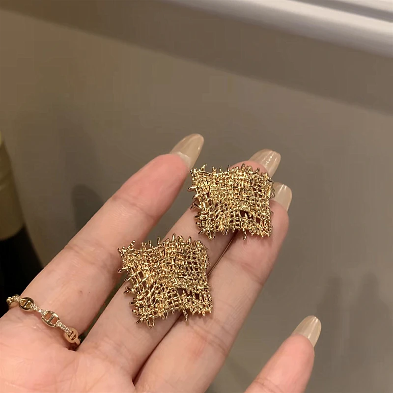 铜合金耳饰 金色几何镂空网状耳环女气质个性设计欧美风夸张耳饰