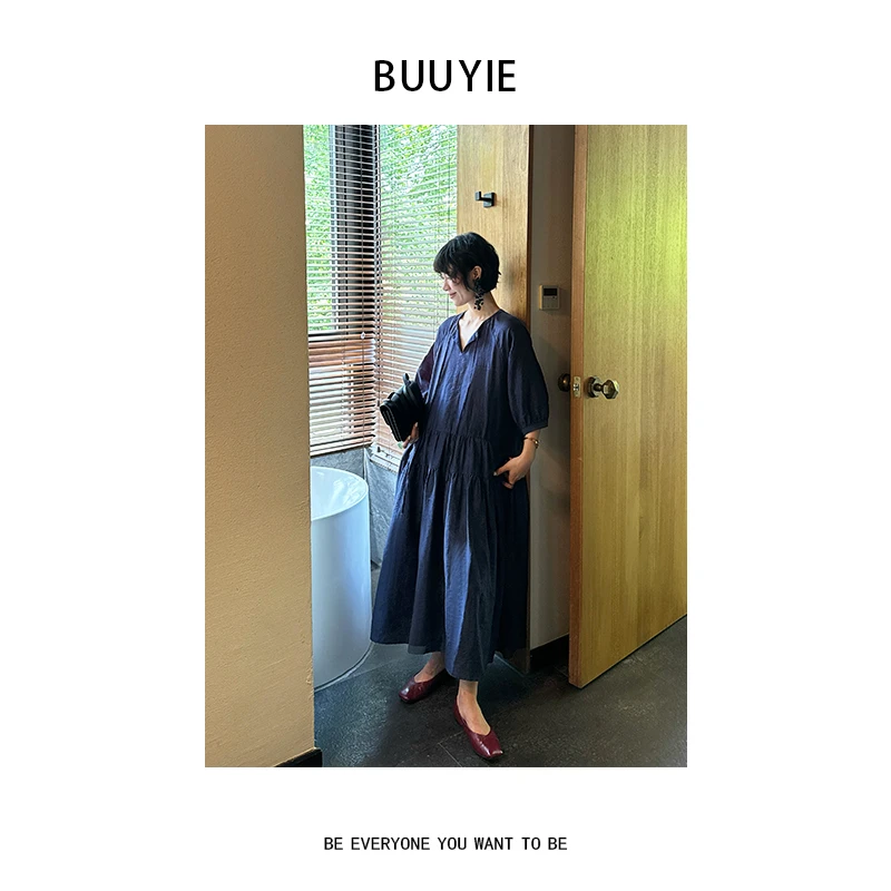 BUUYIE 25SS【‌‌夜谣】文艺款高级感藏青泡泡袖连衣裙 250526