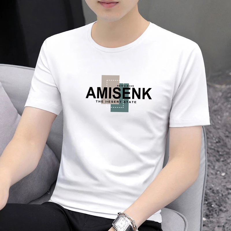 夏季新款男士圆领短袖T恤百搭休闲潮流印花打底衫半袖修身上衣男