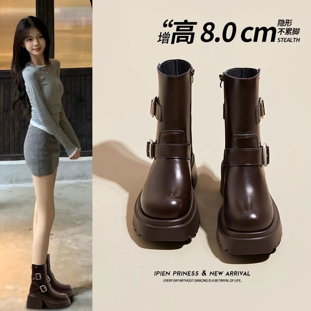 复古棕色马丁靴女2025春秋新款百搭西部牛仔厚底增高小个子中筒靴