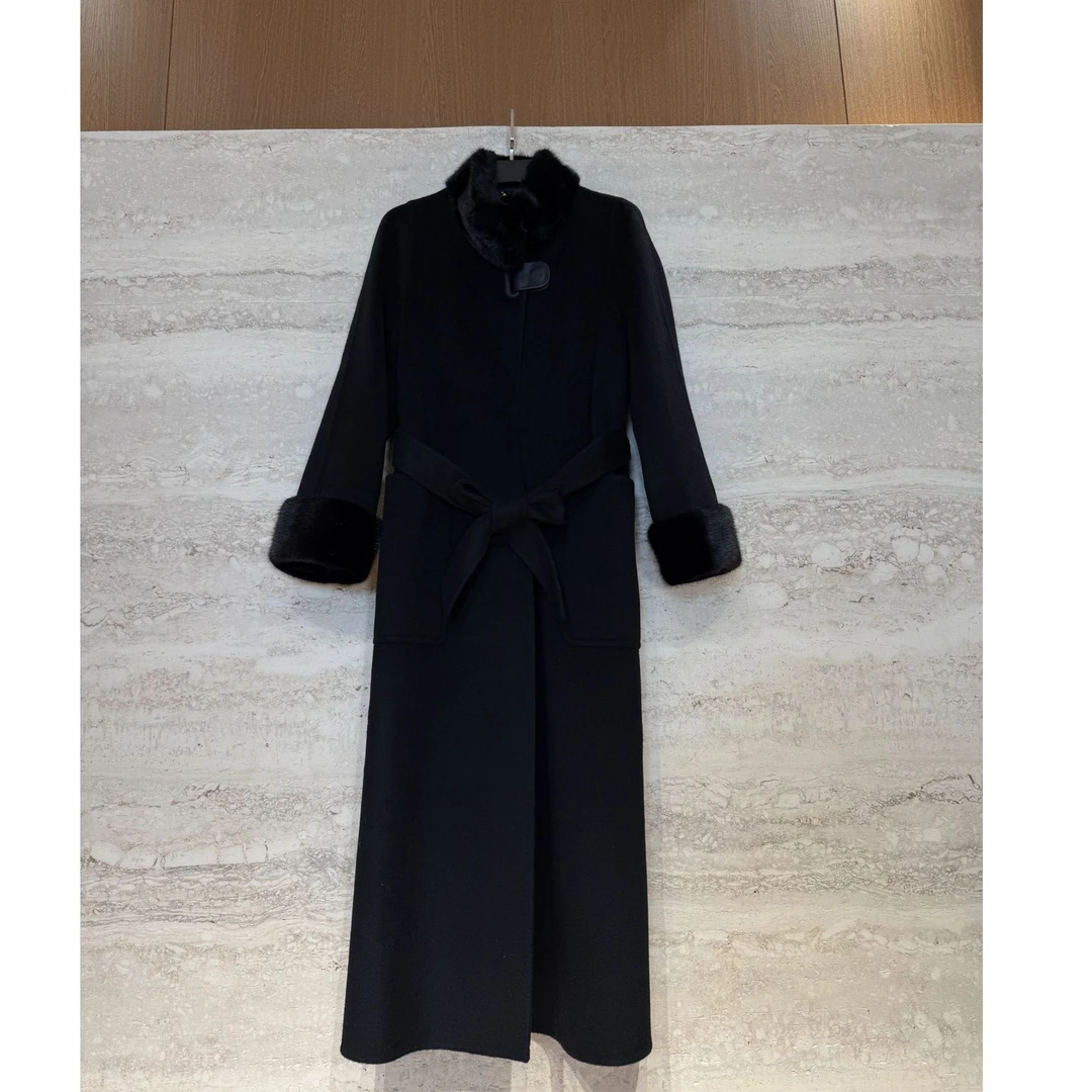 TANTAN  长款冬季轻奢大牌时尚水貂毛领羊毛大衣4575