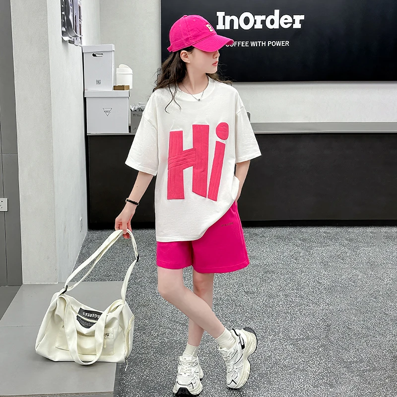 女童夏装套装2025新款儿童洋气时髦运动两件套中大童夏季短袖t恤