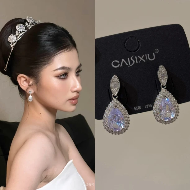 铜合金锆石耳饰 2740-0221小水滴锆石精致百搭婚纱礼服耳针