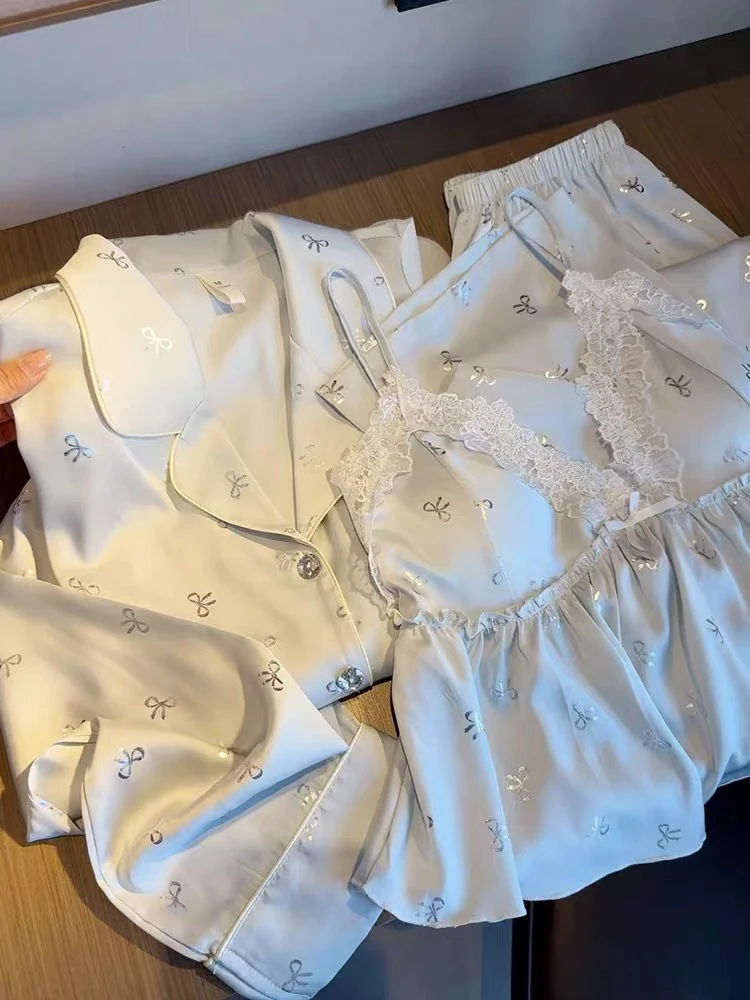 性感纯欲长袖吊带睡衣女夏冰丝带胸垫春秋可外穿四件套家居服套装