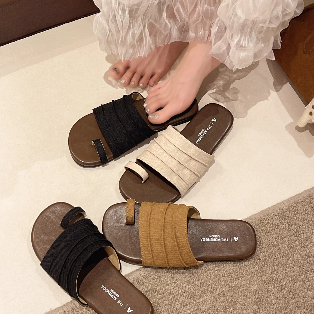 森系套趾拖鞋女夏外穿2025新款一脚蹬布面一字拖平底气质沙滩凉拖