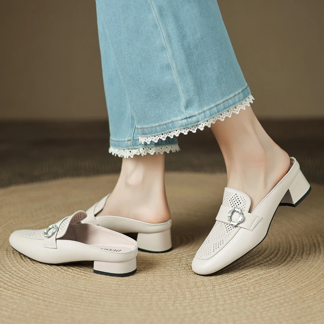 【小风扇洞洞鞋】2025夏季头层牛皮半拖女款包头半拖鞋女鞋洞洞鞋