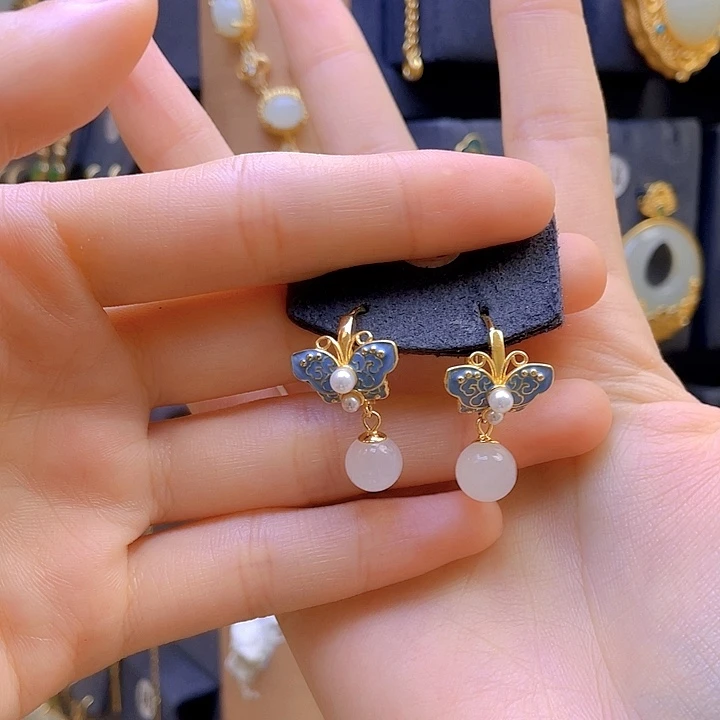 和田玉银S925镀金镶嵌耳饰