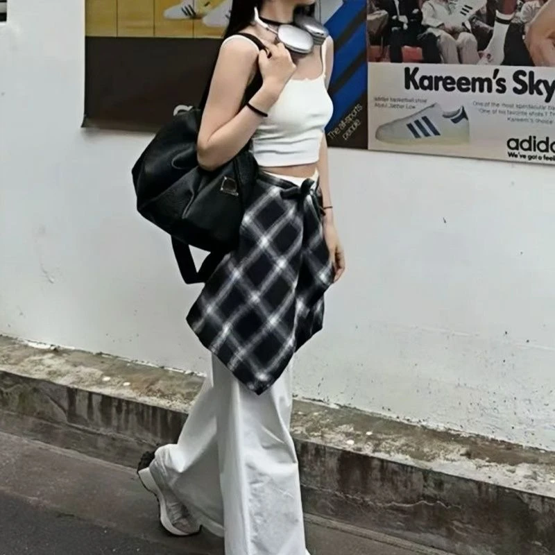 复古街头系带格子常规中长裙半身裙套装宽松百搭小众时尚叠穿裙摆