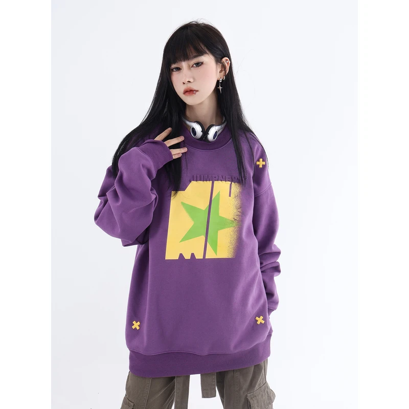 JUMPNEXT国潮牌幻影五角星印花长袖420g重磅抓毛情侣宽松套头卫衣