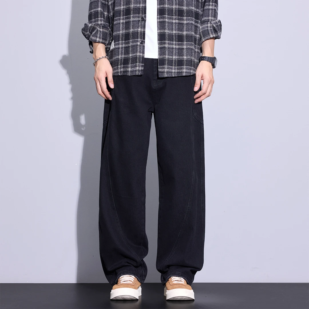 Kuvine2025秋季新款宽松直筒高街拼接潮流休闲工装弯刀男士牛仔裤