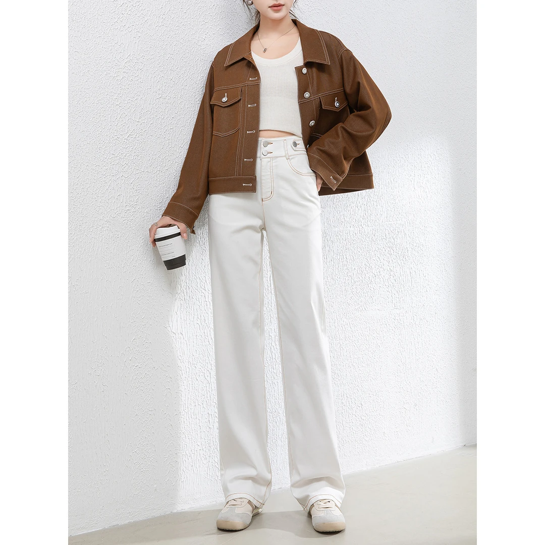 【欧若风】长裤春季显瘦阔腿裤短款白色牛仔裤高腰百搭直筒裤春季