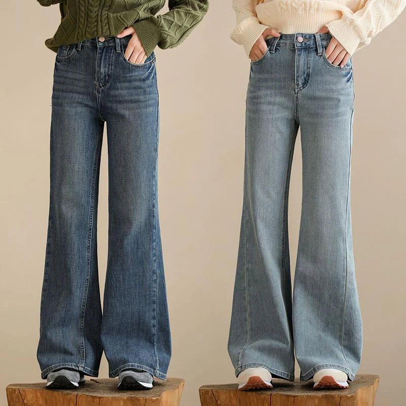 FAVMARTHA女童高弹牛仔裤2025新款宽松覆古休闲阔腿微喇叭裤初中
