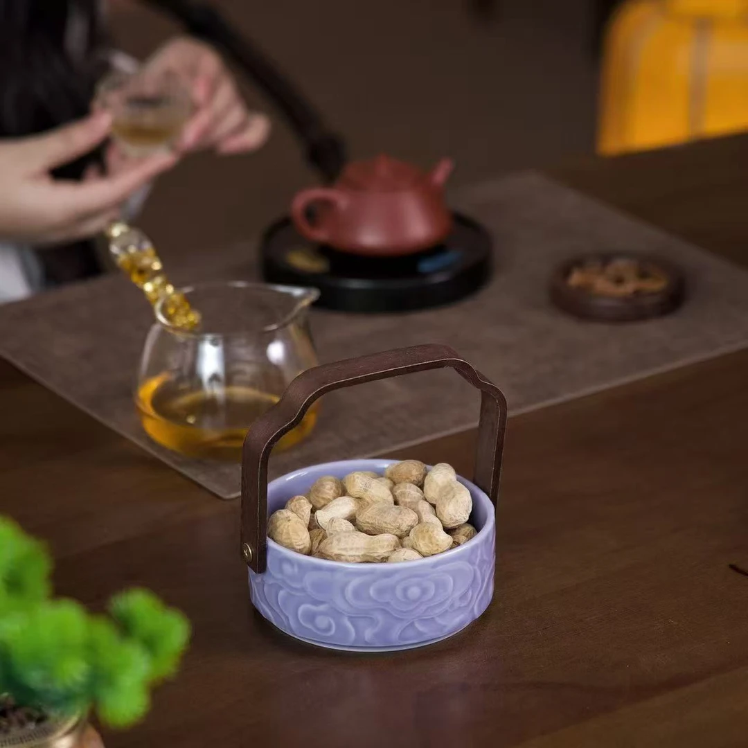 手提果盘家用零食茶点盘精致高端点心盘陶瓷坚果盘水果篮淡紫色