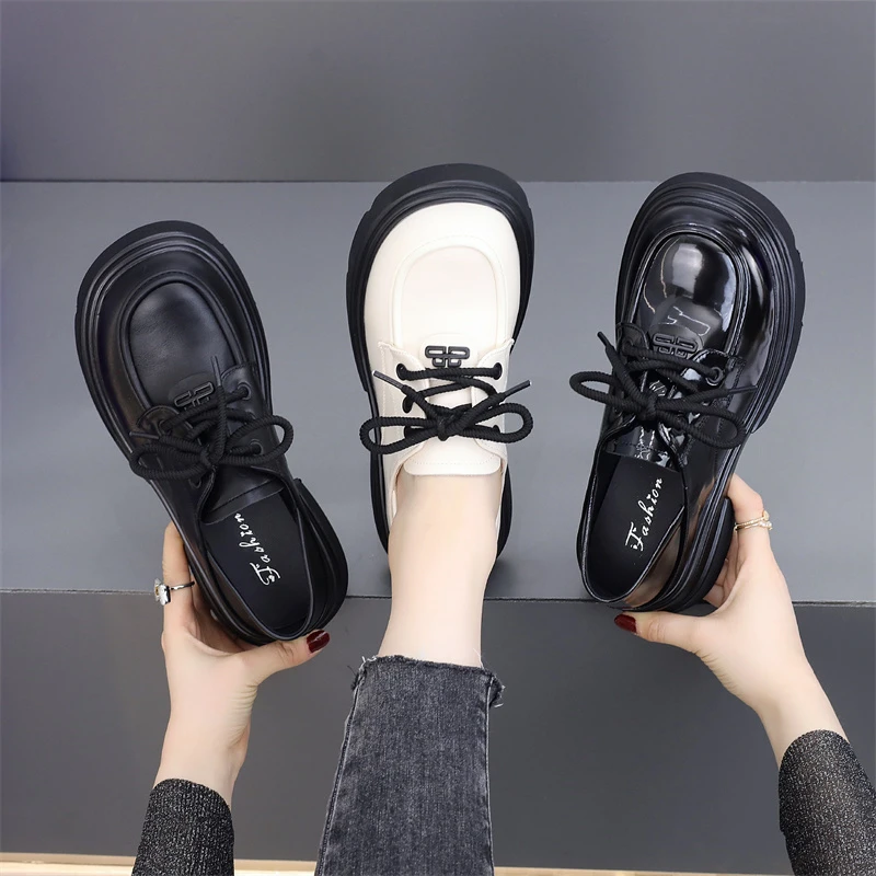 显脚小两穿厚底英伦小皮鞋女2025春季新款单鞋洋气时尚系带乐福鞋