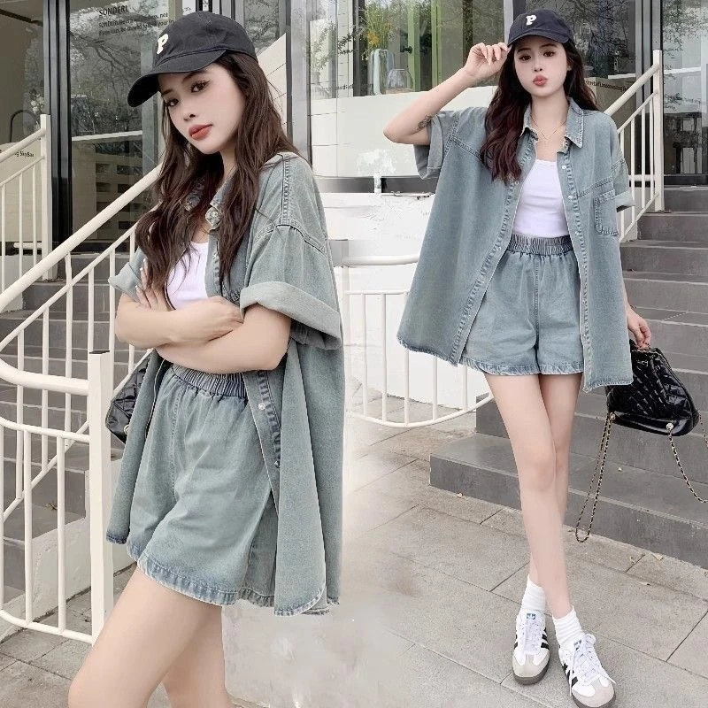 小个子穿搭一整套网红2025夏季新款设计感牛仔薄衬衫短裤两件套女