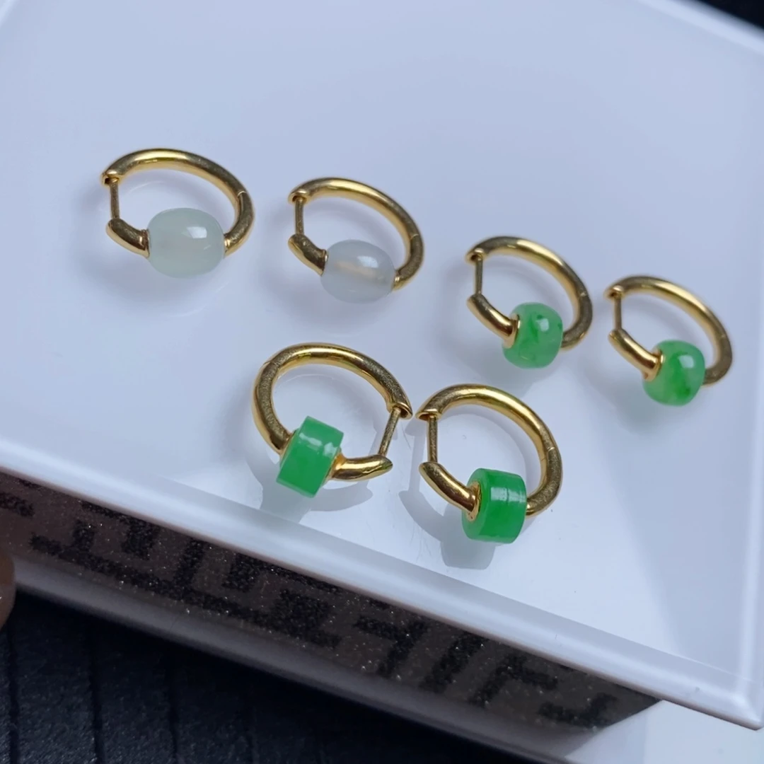 翡翠18K金镶嵌耳饰小桶珠耳扣 多样性一对发货
