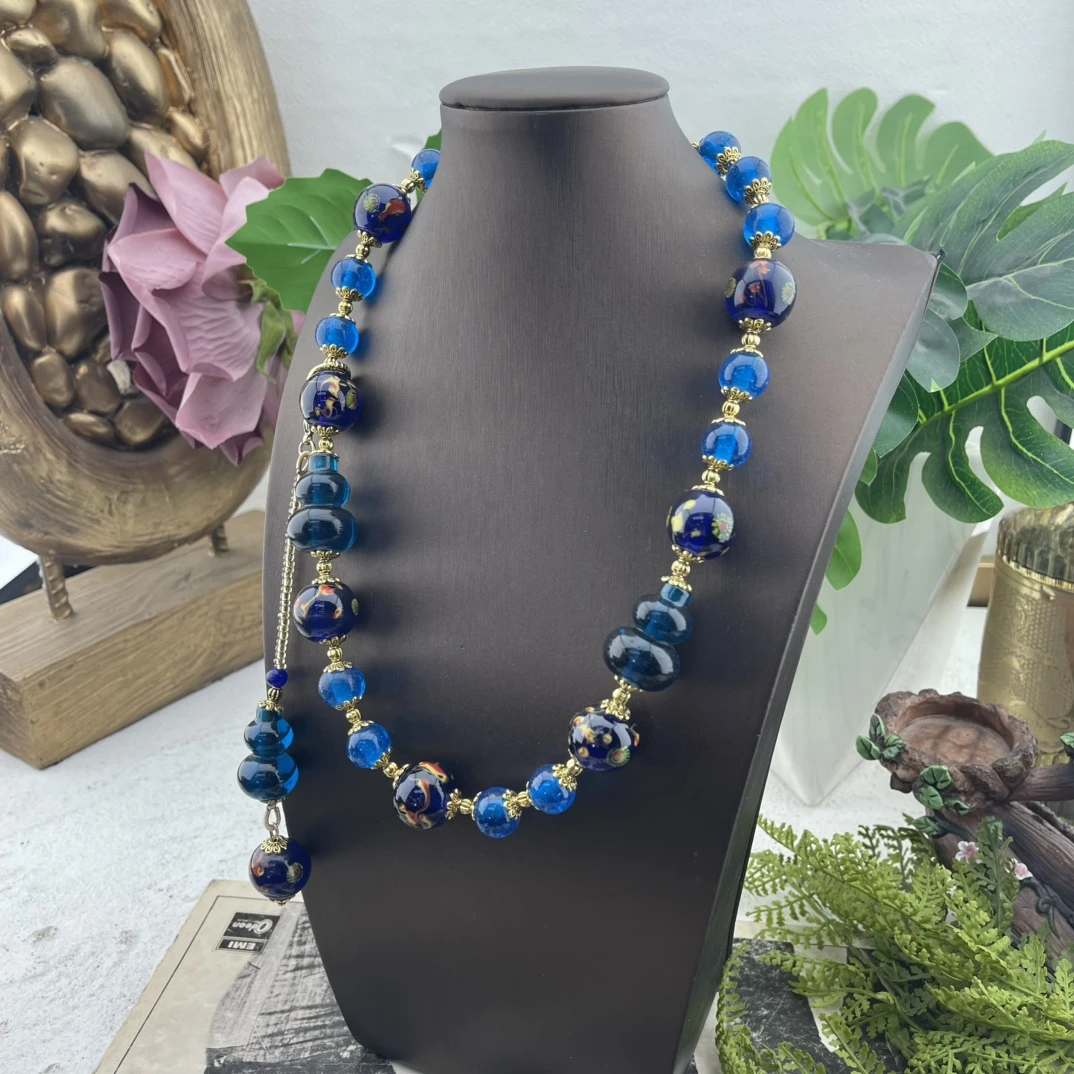 铜合金琉璃项链 老琉璃小葫芦项链手工气质蓝色时尚百搭复古经典