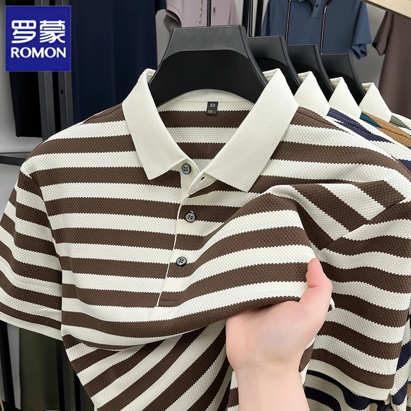 罗蒙条纹休闲POLO衫男士春秋2025短袖t恤韩版简约潮流半袖上衣