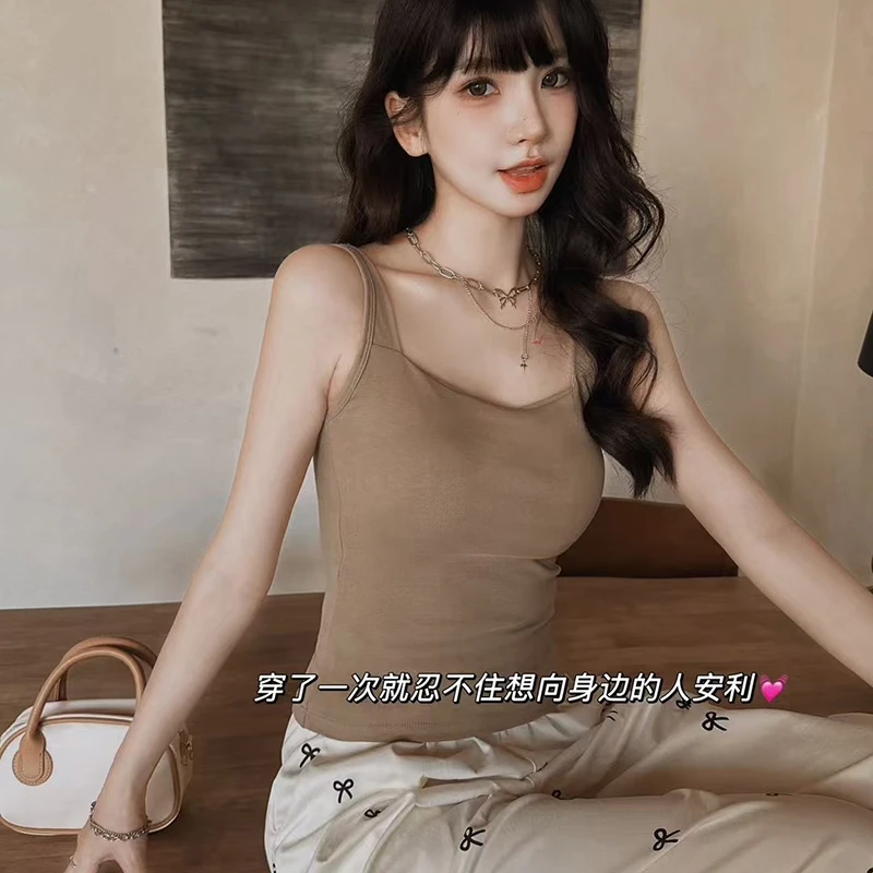 美背带胸垫方领吊带背心女春夏西装内搭文胸一体纯色百搭打底上衣