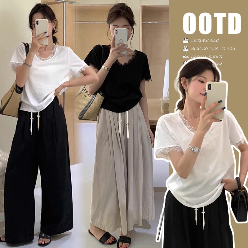 孕妇装夏季新款时尚韩版通勤风蕾丝边短袖上衣宽松休闲阔腿裤套装