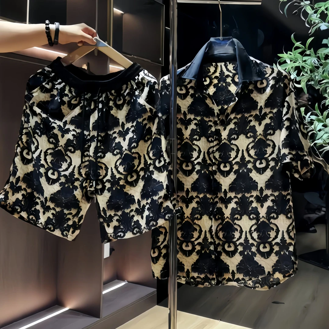 夏季新款男士复古港风印花翻领衬衫个性潮流时尚痞帅慵懒风男装