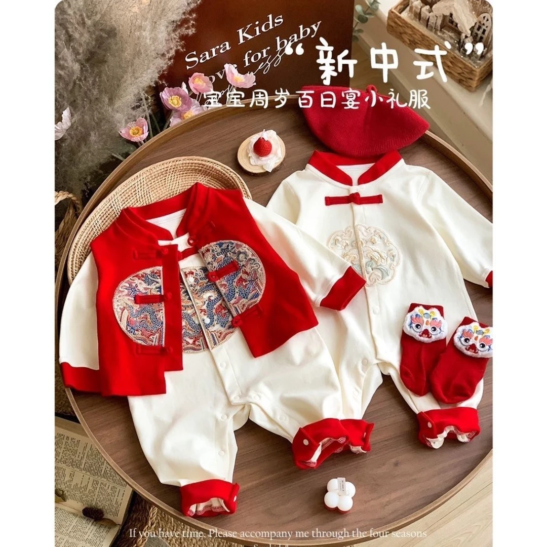 新款新国风满月连体衣婴儿春秋款新中式男女宝宝外穿秋装百天包屁