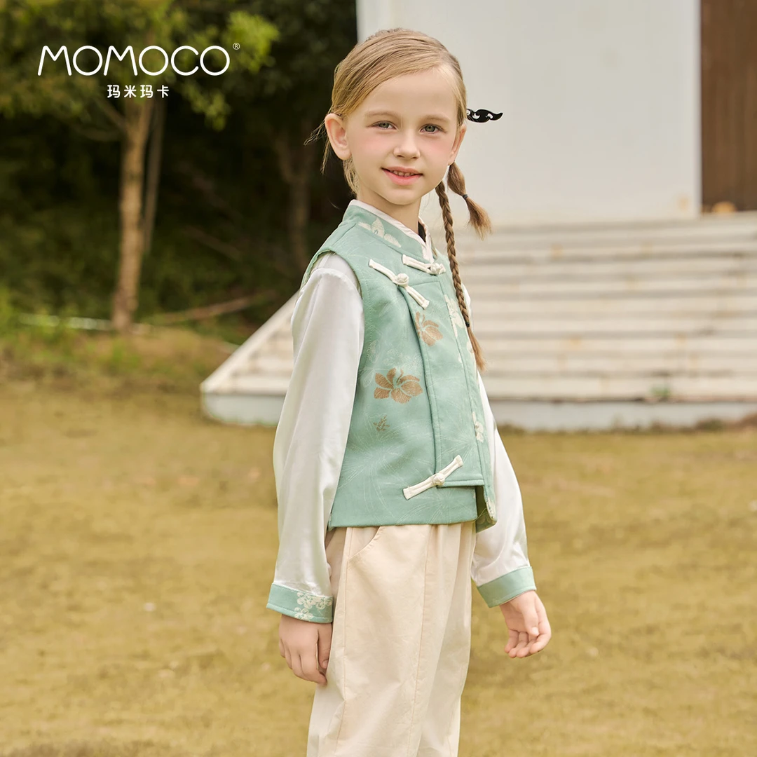 MOMOCO女童春秋欧若风新中式马甲衬衫绣花国风两件套75120580001