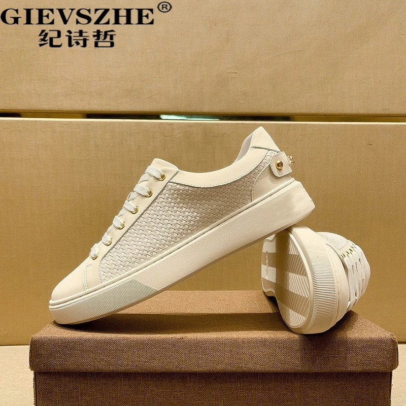 纪诗哲编织小白鞋男款潮流男士男鞋夏季牛皮百搭小众高端休闲板鞋