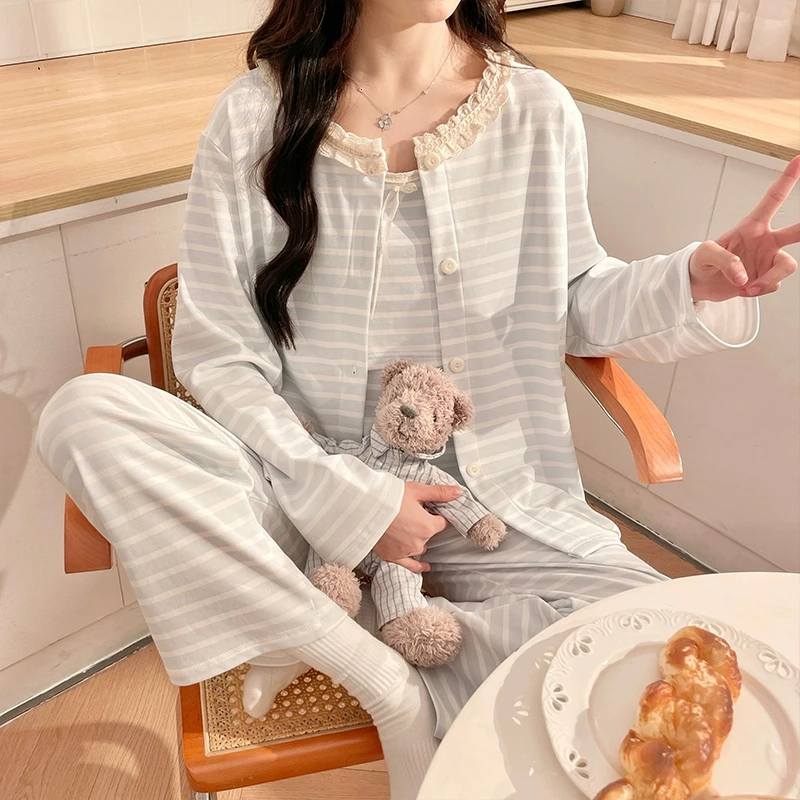 带胸垫三件套月子服春秋产后孕妇哺乳睡衣产妇条纹吊带夏季家居服