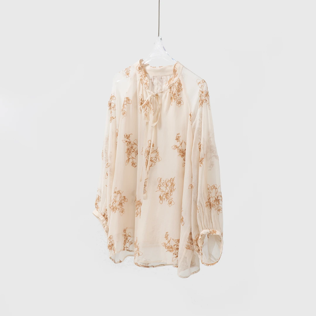 100%桑蚕丝刺绣衬衣真丝立领系带七分袖衬衫宽松小衫上衣SY52037