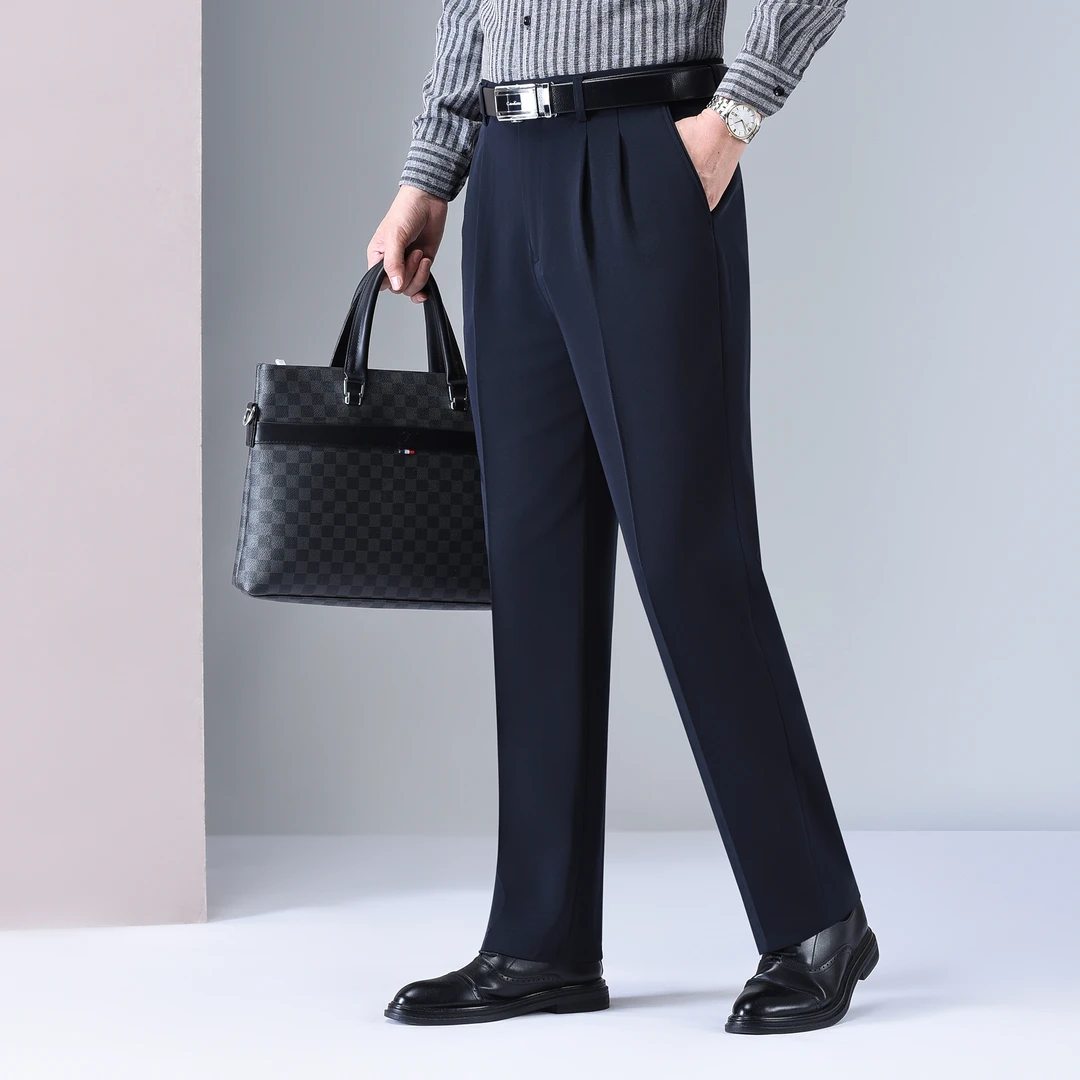 中老年裤子秋冬厚款双褶深档长裤子60岁70岁老人穿大裤脚高腰西裤