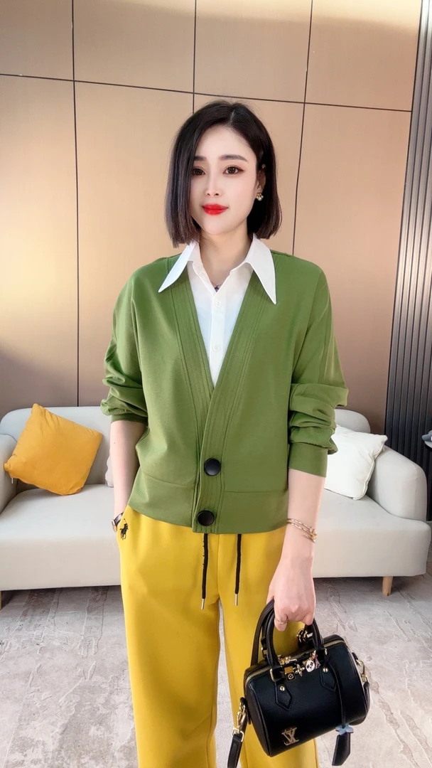 春季新款衬衫领假两件时尚显瘦开衫长袖针织设计感306