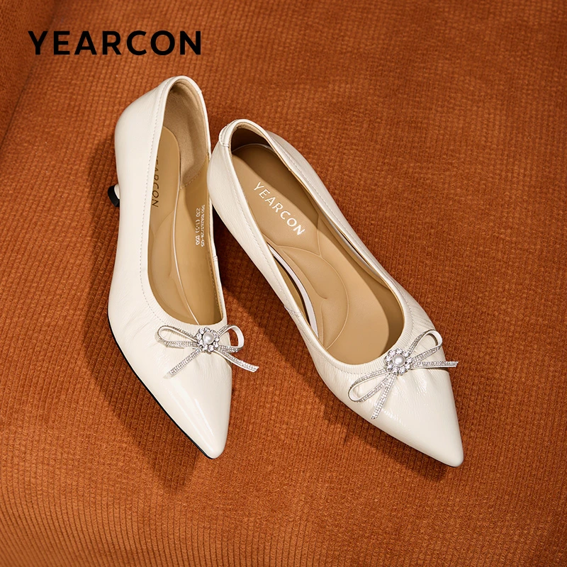 意尔康新款女鞋时尚百搭真皮细跟高跟鞋牛皮尖头浅口一脚蹬单鞋