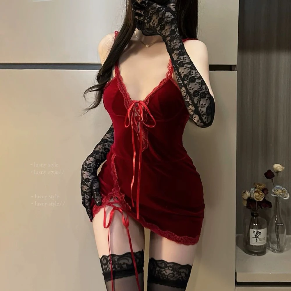性感摩德丝绒吊带调节深v显瘦露背酒红绑带睡裙红色睡裙法式