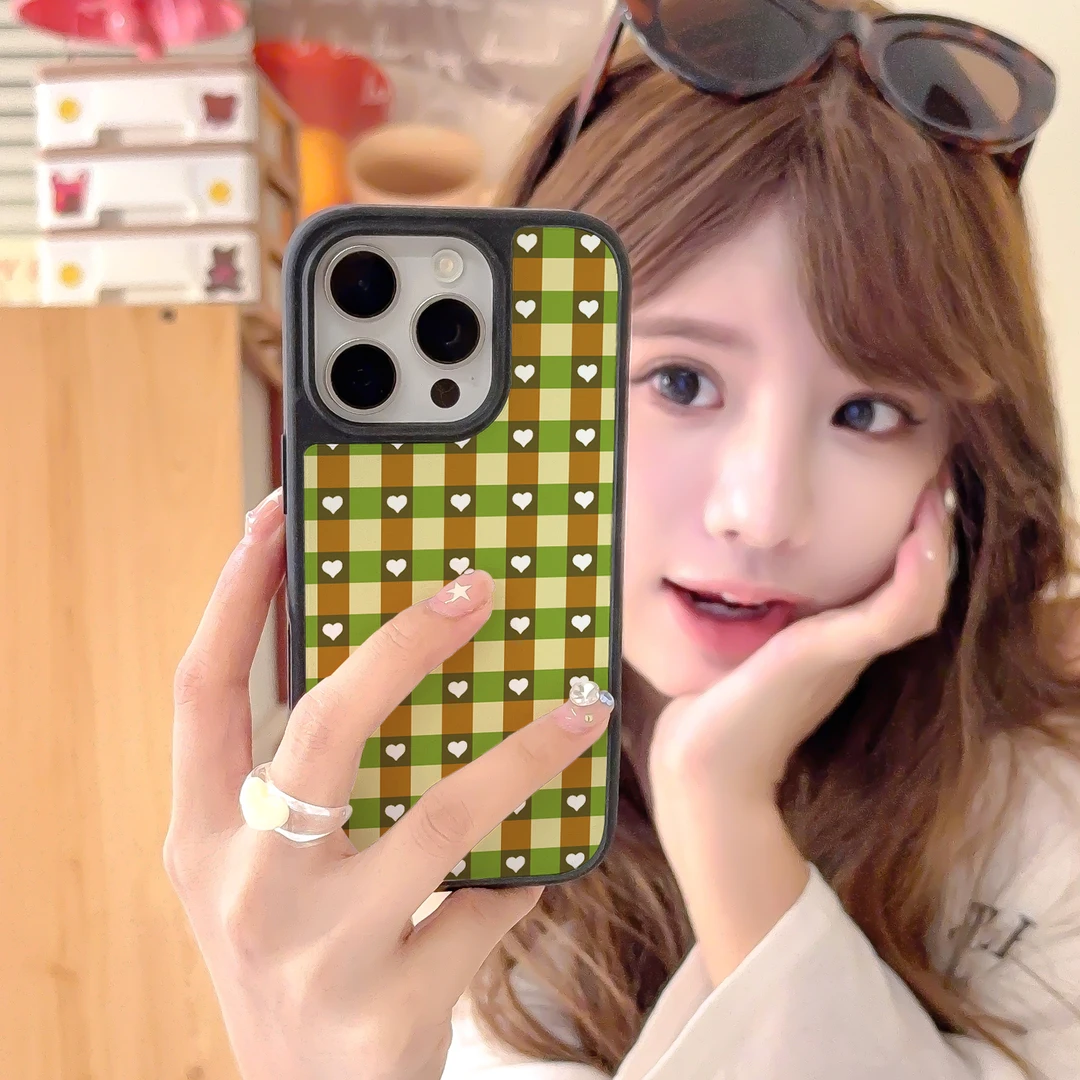 棕绿格纹爱心适用苹果17promax手机壳iphone16新款15全13磁吸可爱