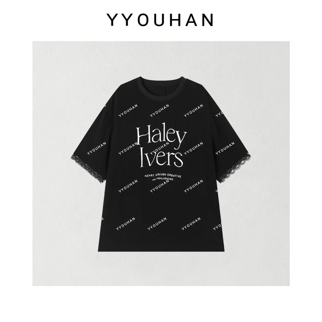 YYOUHAN 2025夏季小众设计极简风蕾丝手袖百搭字母T恤 2505C2777
