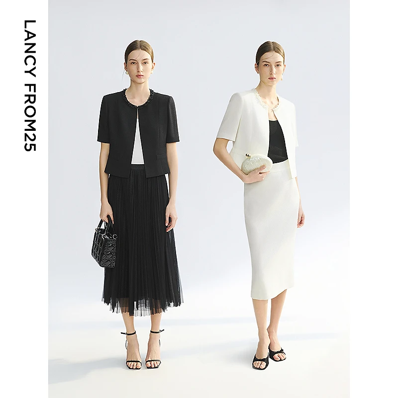 朗姿2025夏季新款法式优雅小香风短外套女镶钻圆领通勤风短欧若风