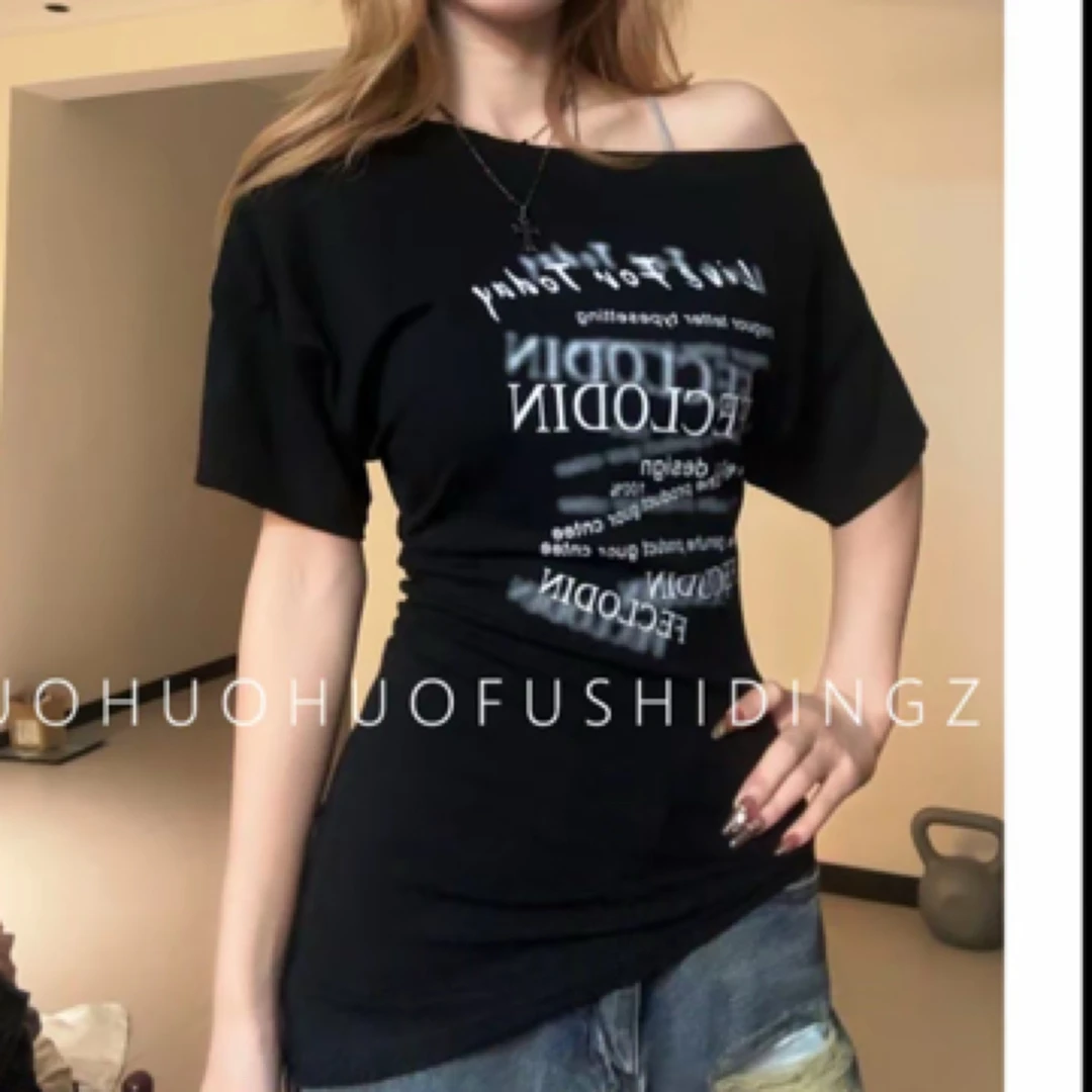 性感风短袖辣妹风印花T恤打底套装小众设计师纯色