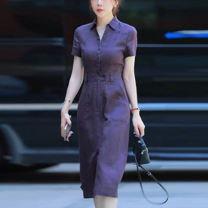 法式收腰紫色衬衫连衣裙女2025夏季新款高级感气质polo领显瘦裙子