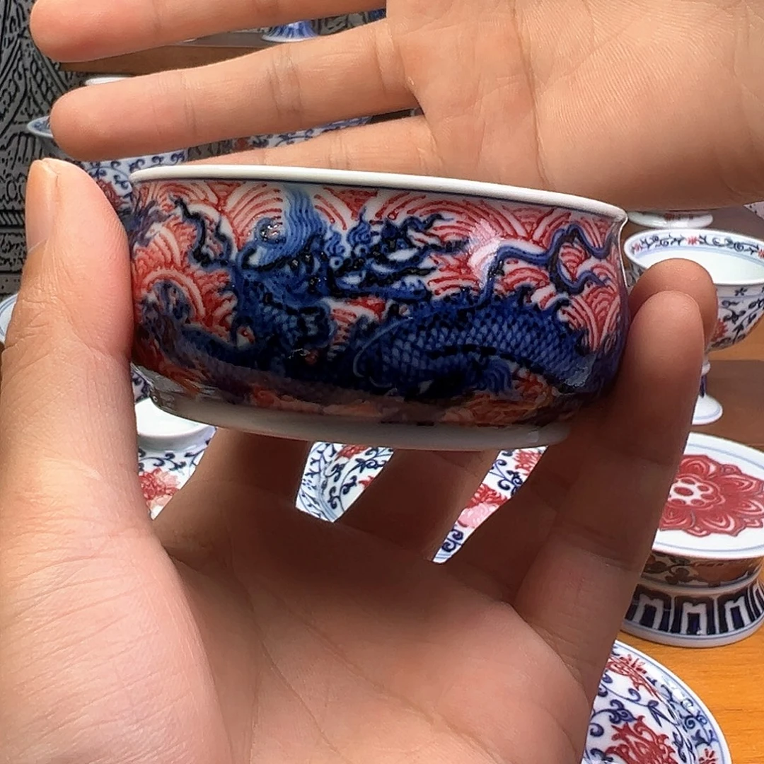 火***王杯子当代青花釉里红双龙炉式杯