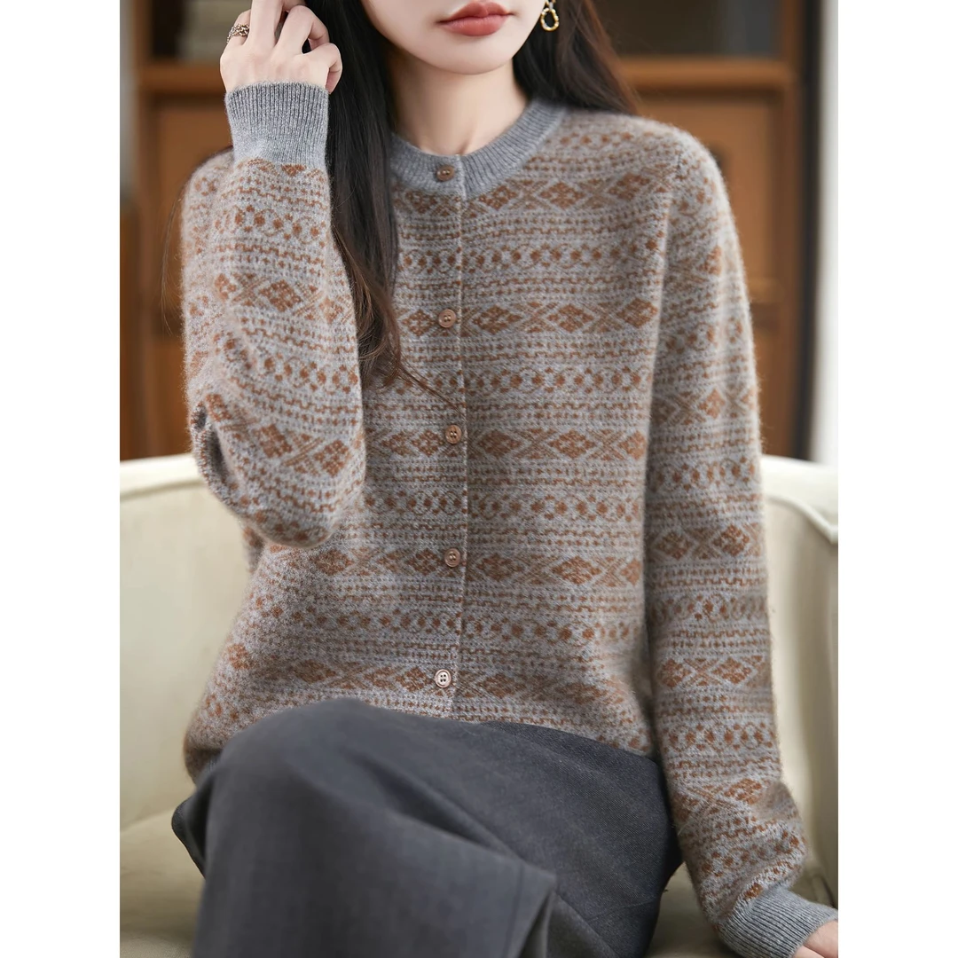 覆古费尔岛提花羊毛衫女圆领开衫宽松显瘦纯羊毛针织毛衣外套