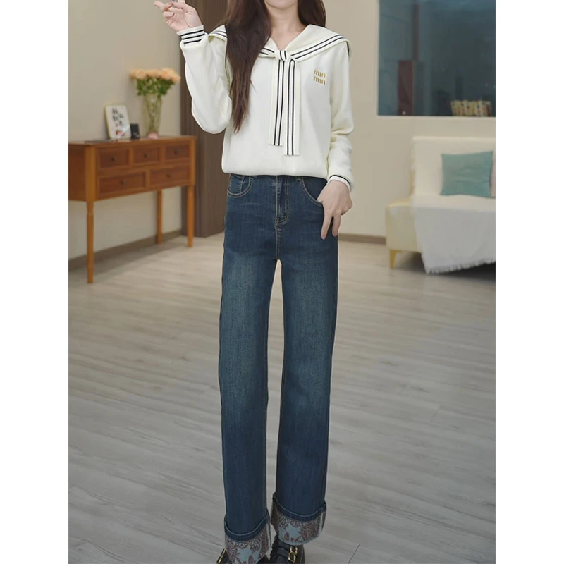 2025秋季新款高腰显瘦直筒挽边牛仔裤女宽松百搭休闲蓝色牛仔裤